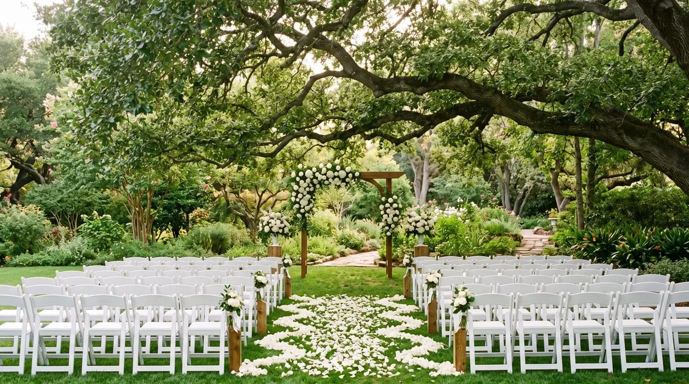 A small garden ceremony with chairs arranged under mature trees.